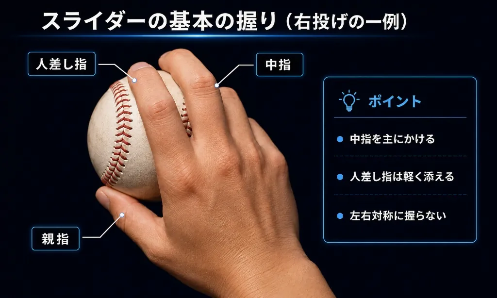 スライダーの基本の握り(右投げの一例)