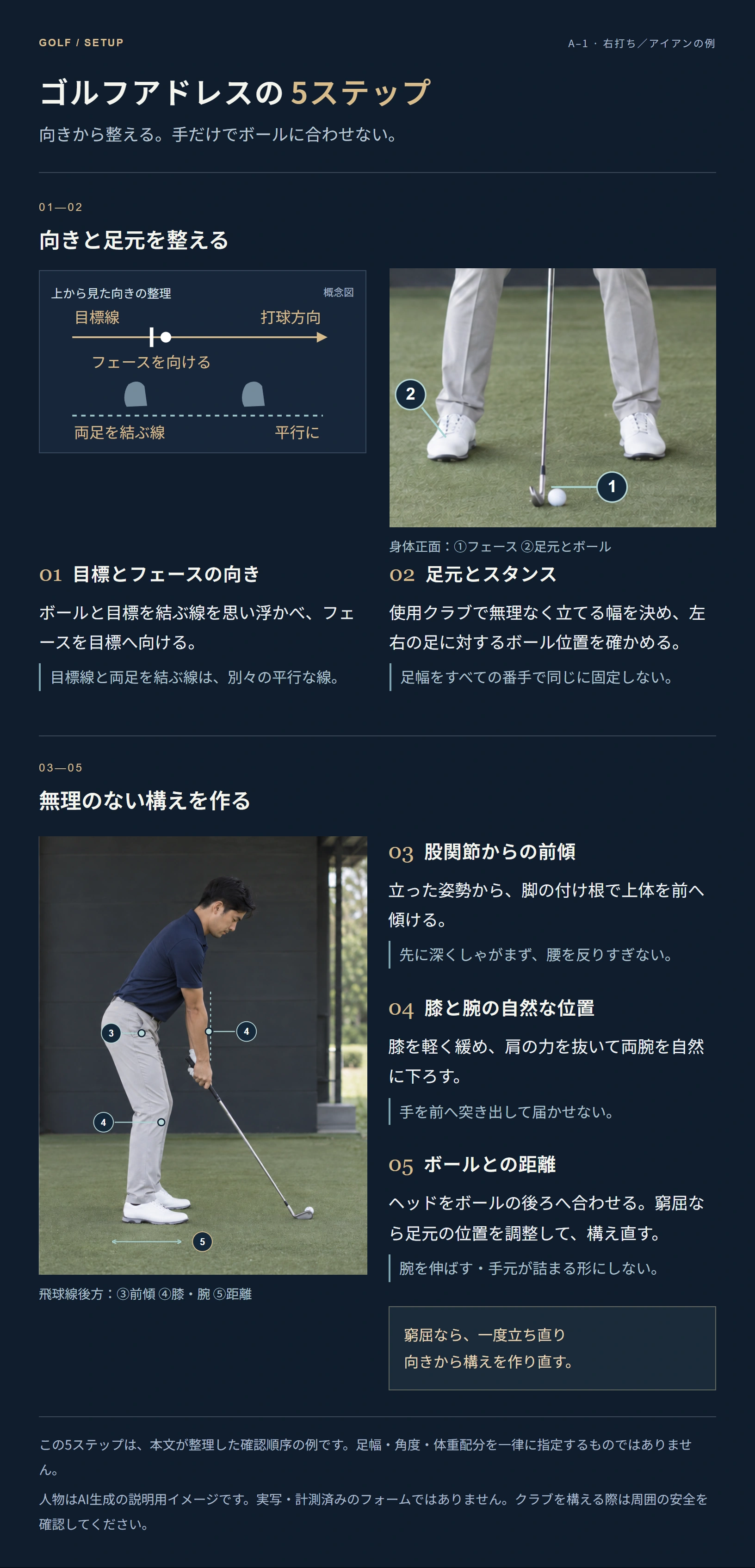 向き、足元、前傾、膝と腕、ボールとの距離を順に確かめるアドレスの5ステップ。⑤の両矢印は足元の前後調整を示す