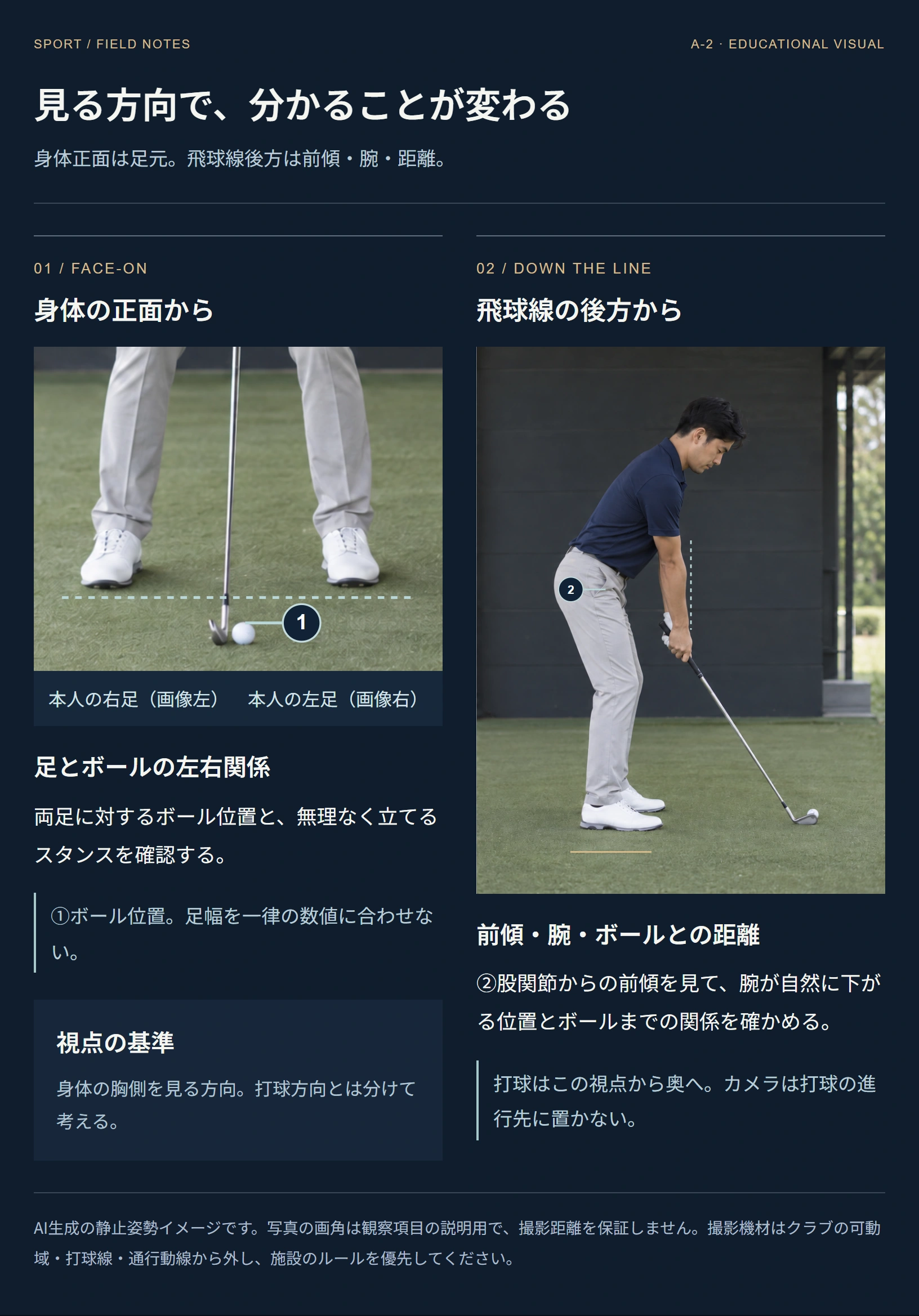 正面で見る足とボール、後方で見る股関節・腕・ボールの位置関係。写真の画角ごとに確認する場所を分けた図
