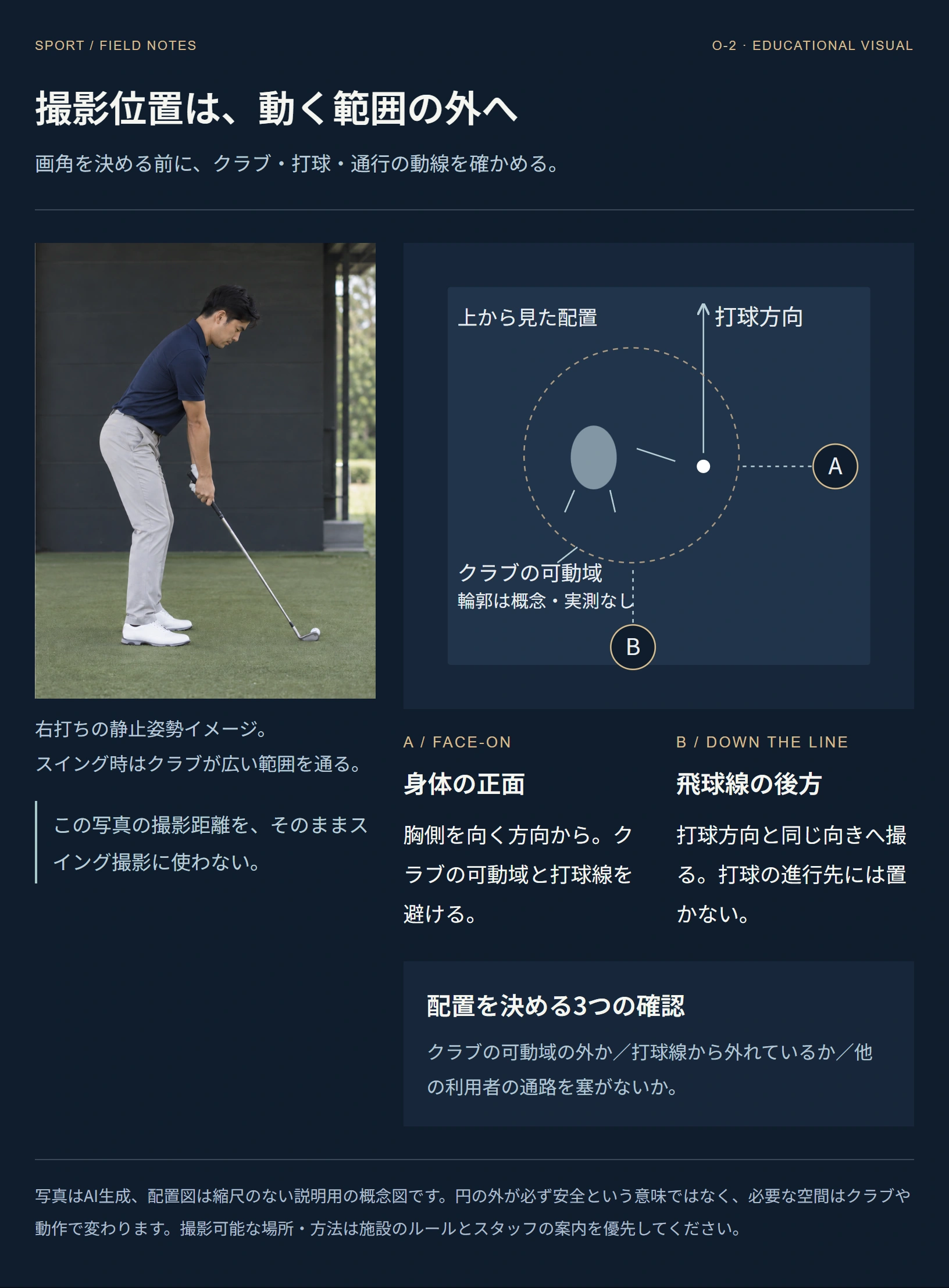 身体正面と飛球線後方のカメラ位置、打球方向とクラブの可動域を示す写真と配置図。安全距離を数値で保証するものではない