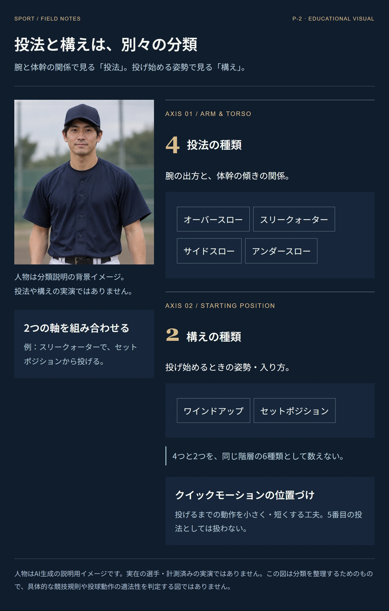 投法4種類と構え2種類を別の分類として整理する図。中立姿勢の成人選手のAI生成ポートレートは投球動作の実演ではない