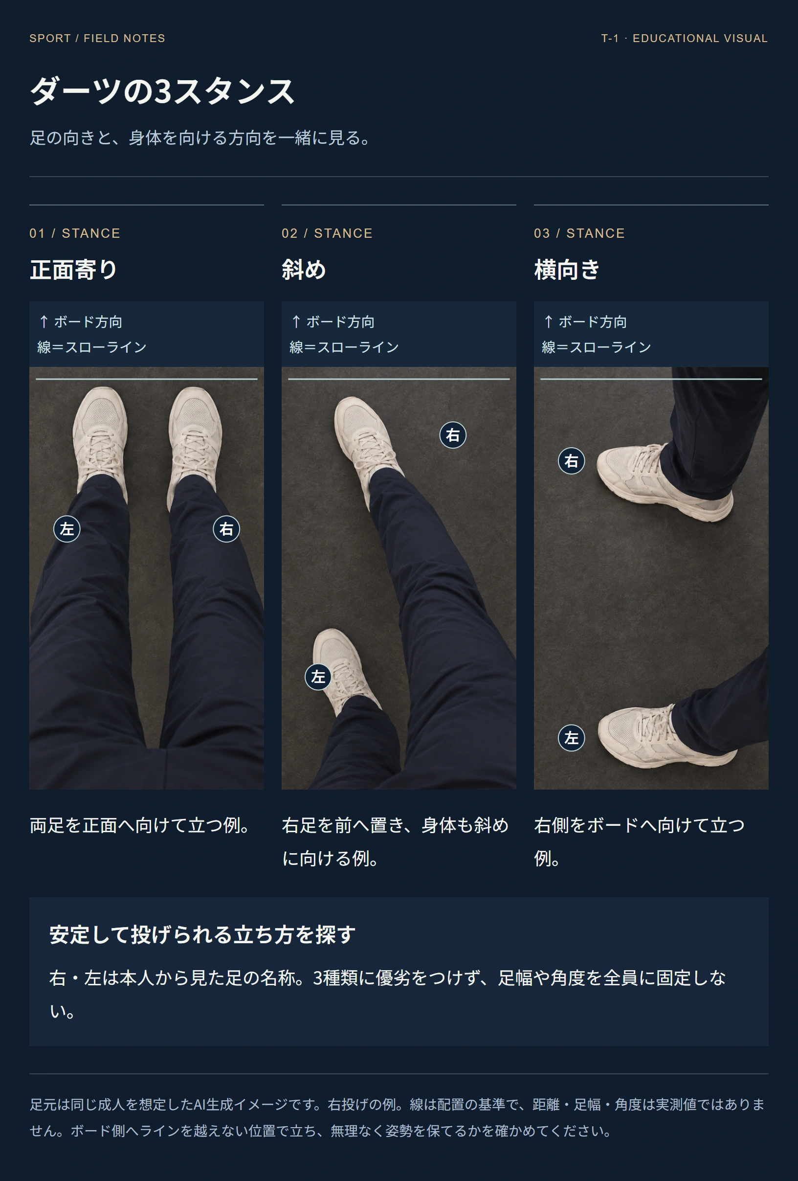 右投げ成人を想定したAI生成の足元で、正面寄り・斜め・横向きの3スタンスを比較。本人の右足と左足、スローラインとボード方向を表示する例