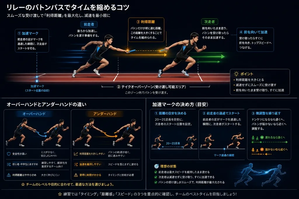 リレーのバトンパスでタイムを縮めるコツまとめ