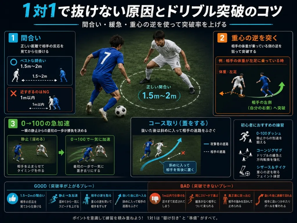 1対1で抜けない原因とドリブル突破のコツ